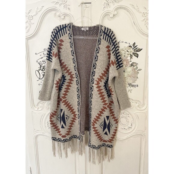 Oceanus Tribal Fringe Cardigan Sweater Women's Large Open Front Boho Aztec Knit - Picture 2 of 13